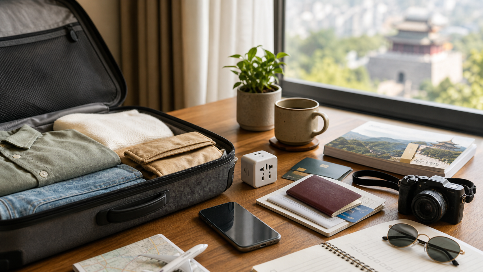 Illustrated China travel checklist with documents, apps, and train planning